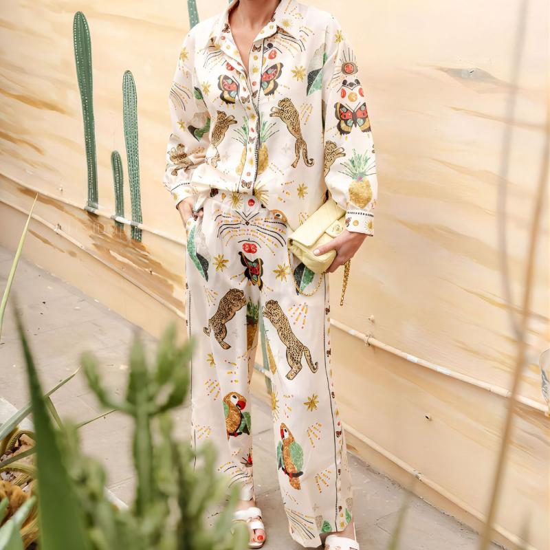 Women's Fashion Linen Personality Printed Macaron Color Long-sleeved Shirt Suit