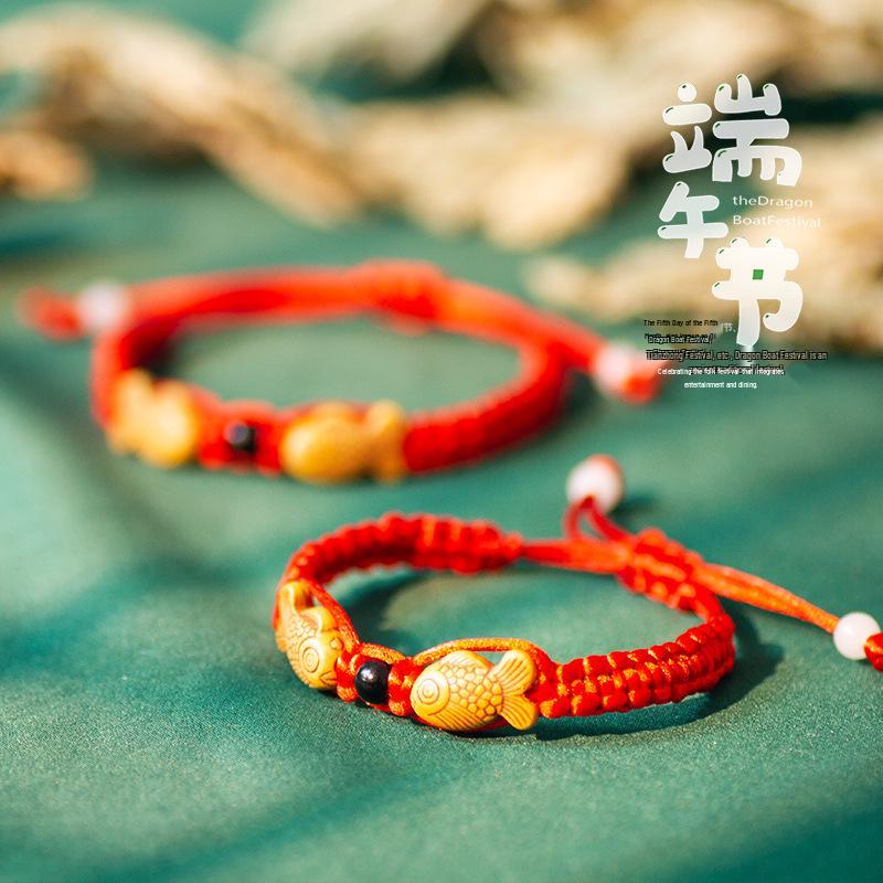 Zodiac Red String Double Fish Bracelet: Handmade Dragon Boat Festival Five-Color Rope with Flat Knot Design