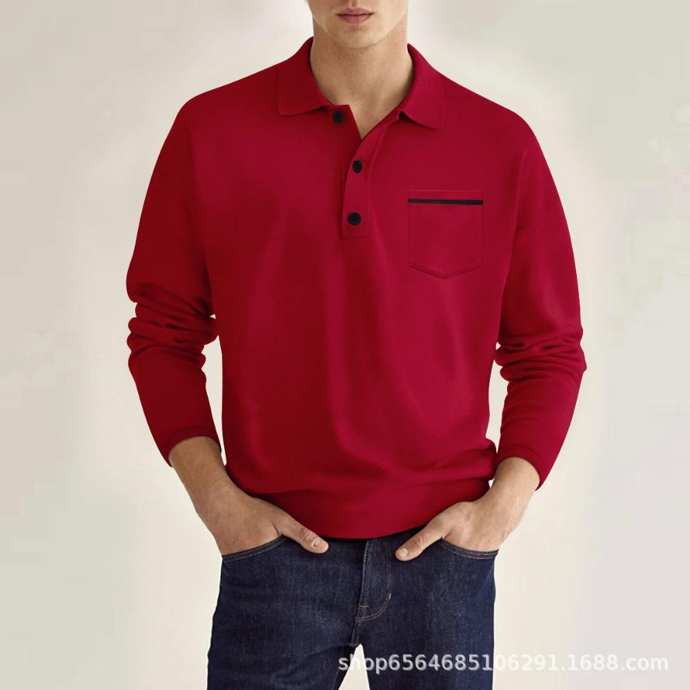 Spring Long Sleeved V-neck Men's Casual Top Polo Shirt