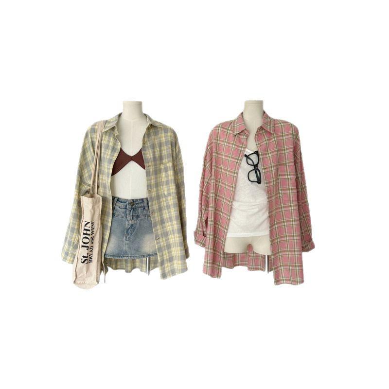 Women's American Retro Plaid Long-Sleeve Cotton-Linen Shirt Jacket
