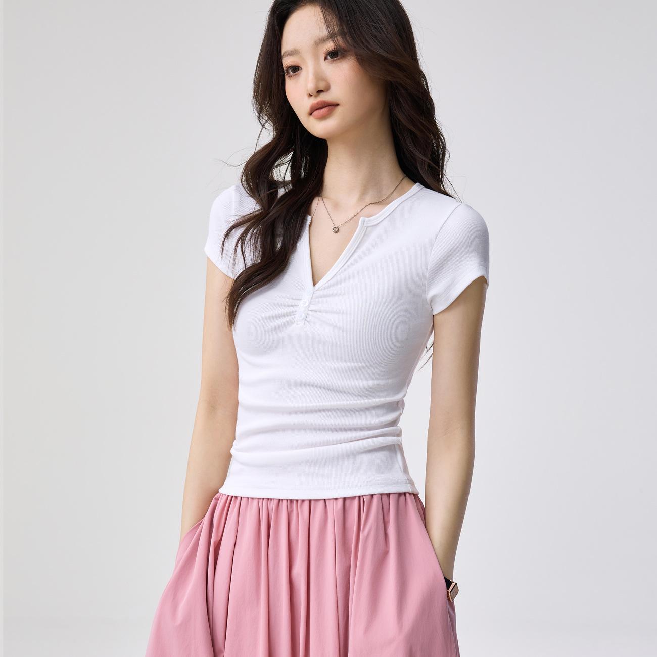 

Youkesi 260g Women s V-Neck Button Cotton T-shirt: Slim-Fit, Short-Sleeve, Versatile, Regular Shoulder, Spicy Girl Summer Style. Small