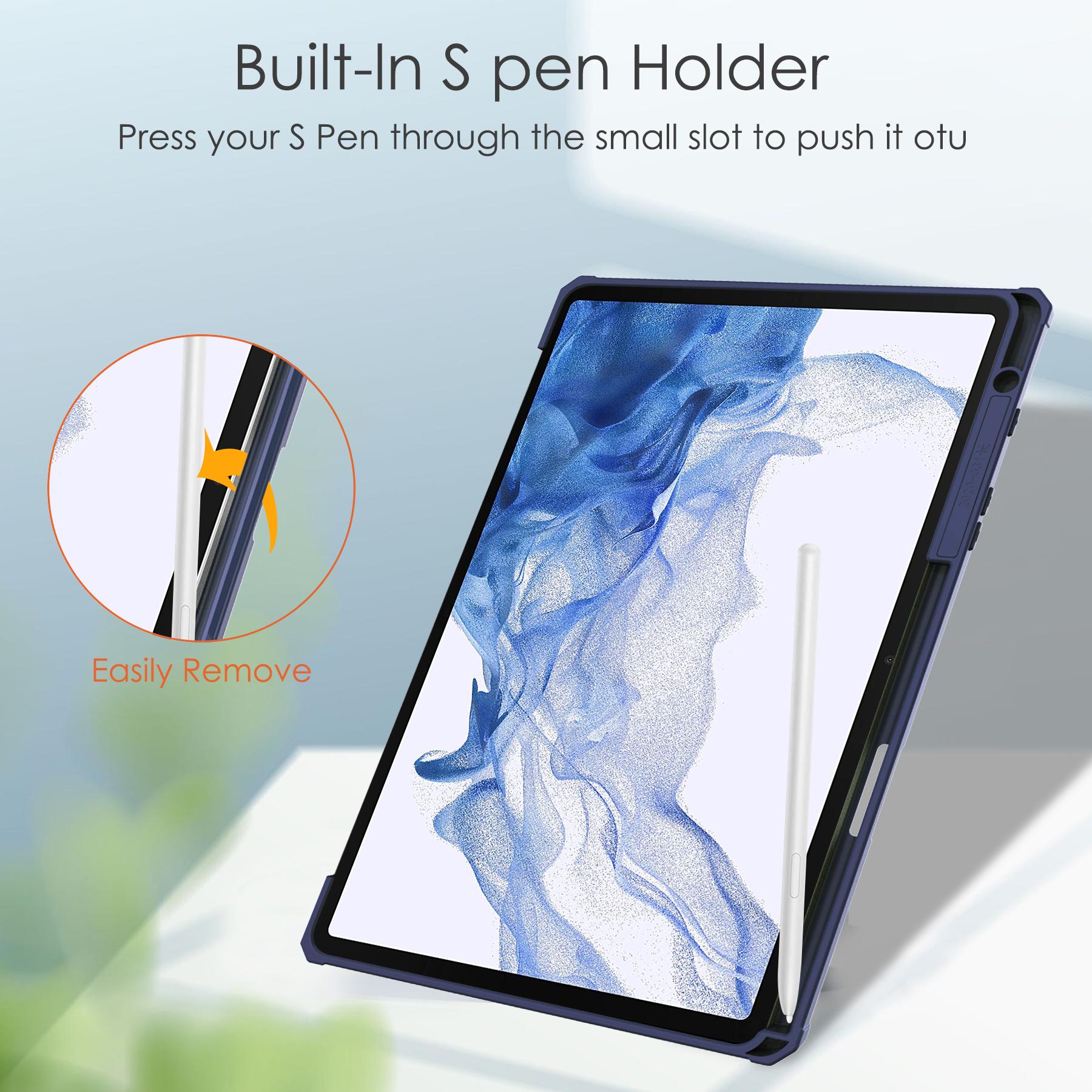 

For Samsung Galaxy Tab S8 Tri-fold Stand PU Leather+TPU+Acrylic Smart Tablet Cover Case with Pen Slot Dark Blue