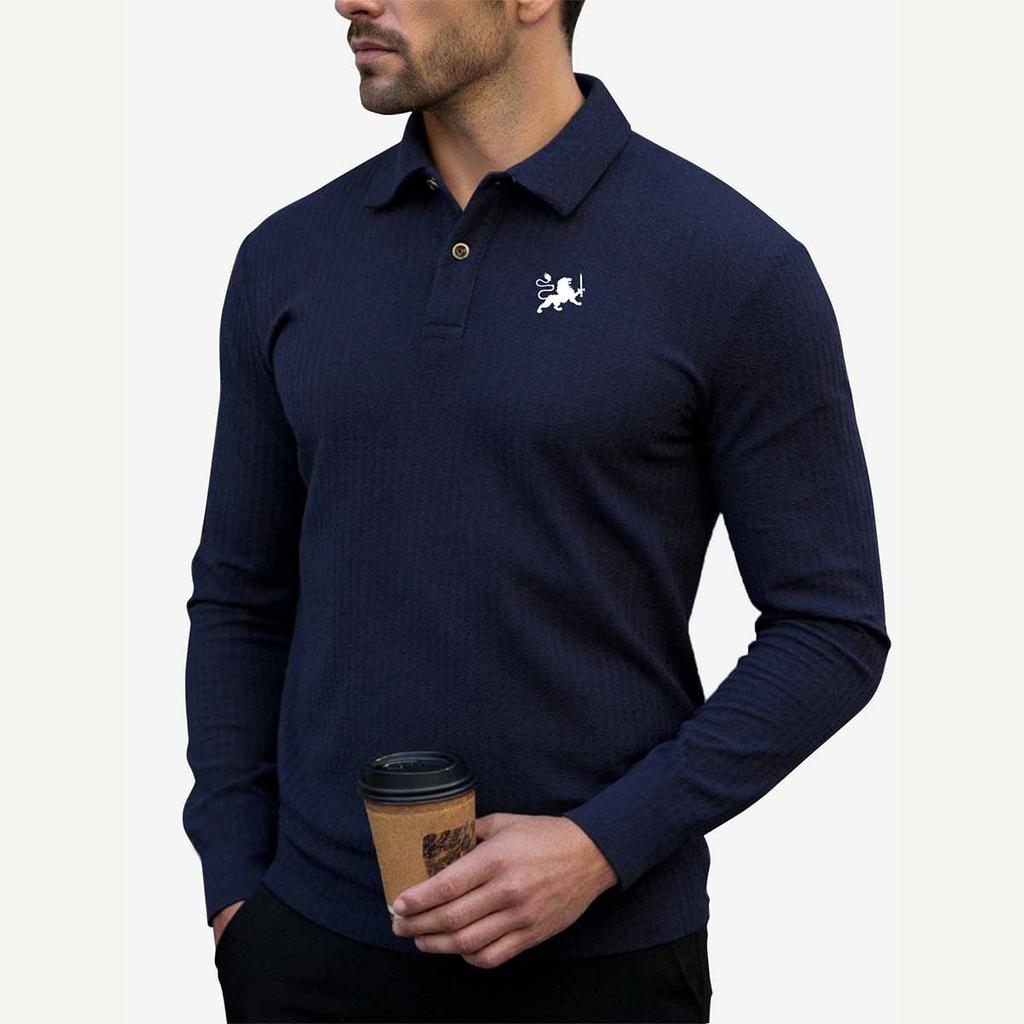Polo Shirts for Men Lion Sword Print Ribbed Long Sleeve