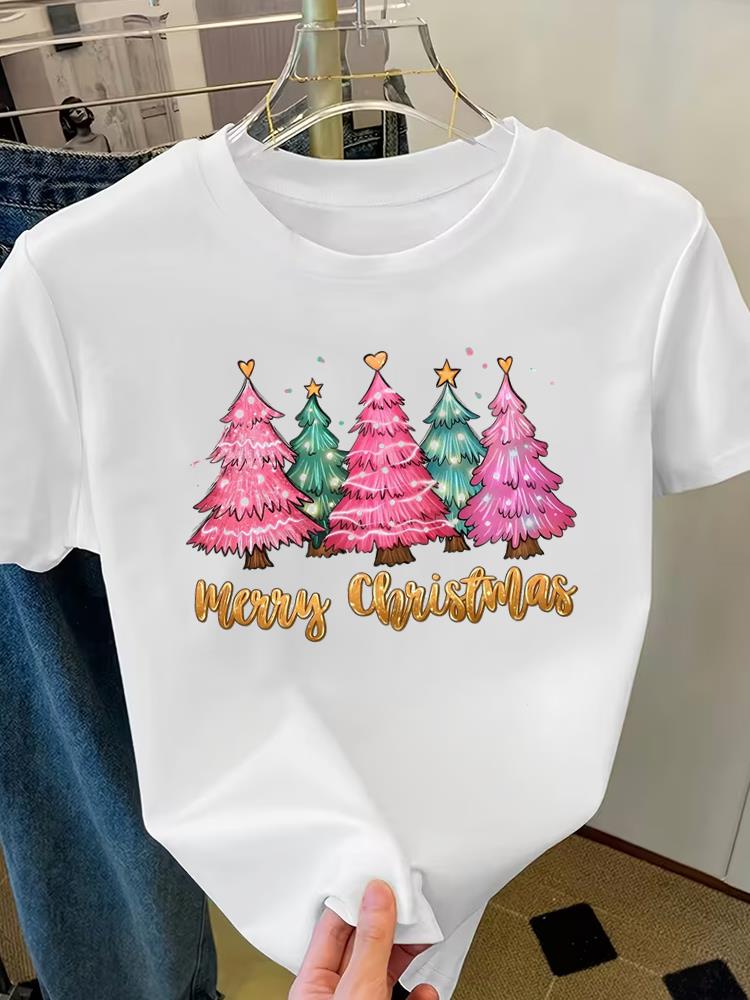 (Asian Size) Merry Christmas Fashion Short Sleeve T-shirts Plaid Tree 90s Women's Top O-neck T Shirt Print Casual New Year Clothing Graphic Tee