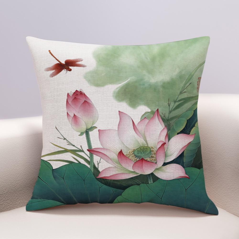 Oriental Floral Art Throw Pillow Covers, Detailed Lotus & Dragonfly Print Cushion Cases, Calming Zen Decor For Sofa Bedroom