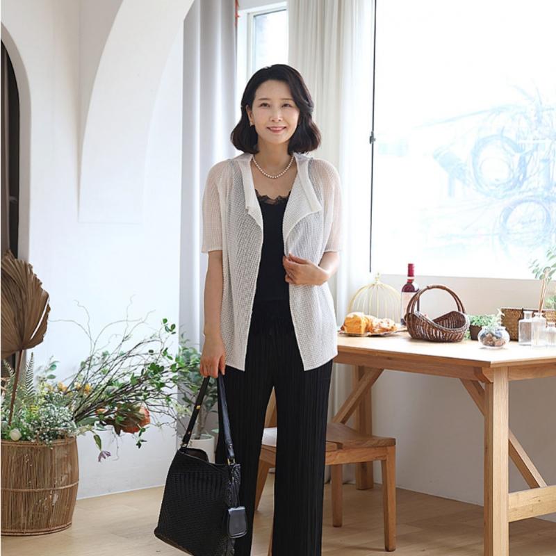 Shiz Madam Mesh See Through Big Collar Pleats Cardigan J31804