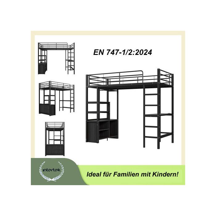 Lit haut - MUVOE - 90x200cm - Bureau intégré - Prise électrique et USB - Noir