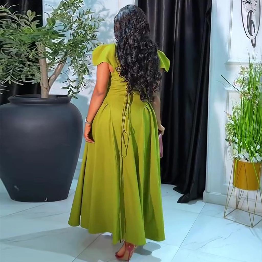 European and American Women's Clothing Summer African New Elegant Style Square Neck Bubble Sleeve Waist Dress