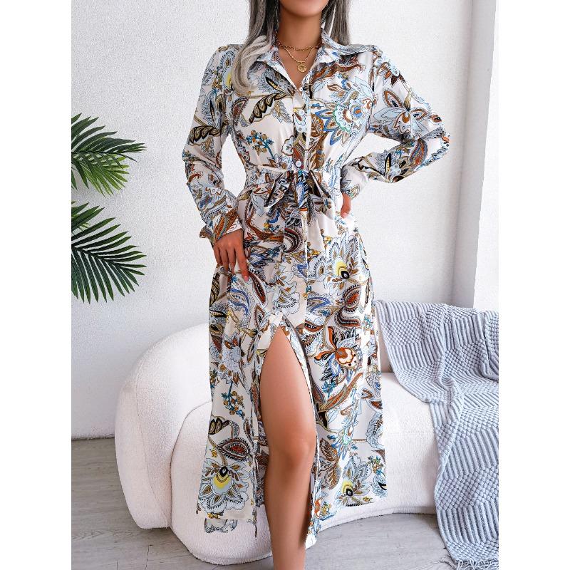 Women's Long Dress Summer Long Sleeve Vintage Floral Lapel Tied Shirt Dress Women Fashion Single Breasted Loose Casual Office Ladies Dresses