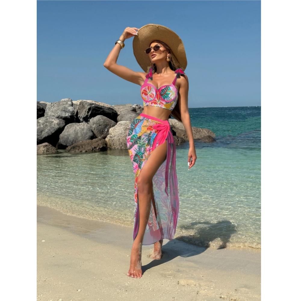 New Printed With Sarong Female Swimsuit High Waist Bikini Women Swimwear Three-pieces Bikini set Bather Bathing Suit Swim