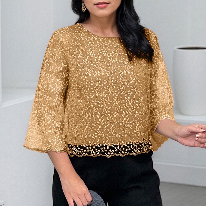 

ZANZEA Женская повседневная блузка с круглым вырезом, рукавами 3/4, сетчатыми кружевными вставками