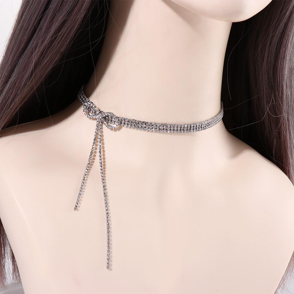 Girls Party Geometric Tassel Chain Bow Crystal Neck Jewelry Woman Clavicle Choker Korean Necklace