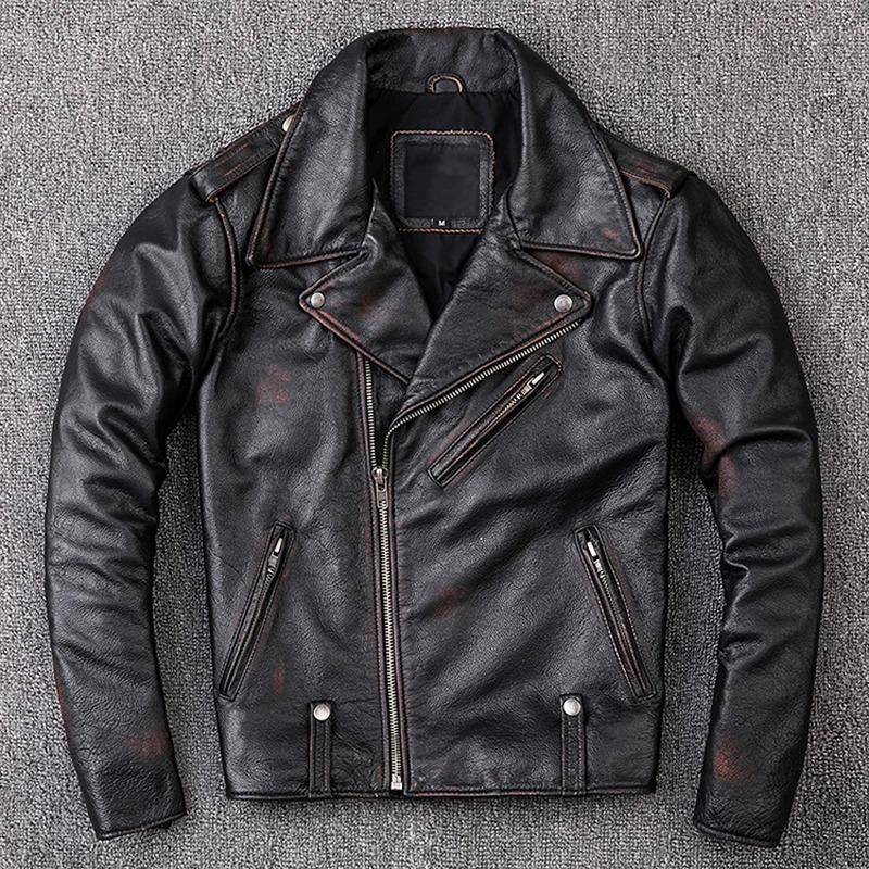 Chinese Size Men Leather Jacket Turn Down Collar Vintage Leather Jacket For Men Jackets Natural Cowhide Male Coat Autumn