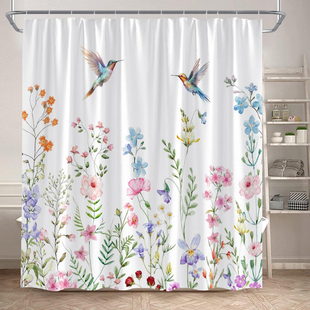 Grüne Pflanzenblätter Duschvorhänge Aquarell Eukalyptusblätter Kolibri Floral Badvorhang Heim Badezimmer Dekoration Mit Haken