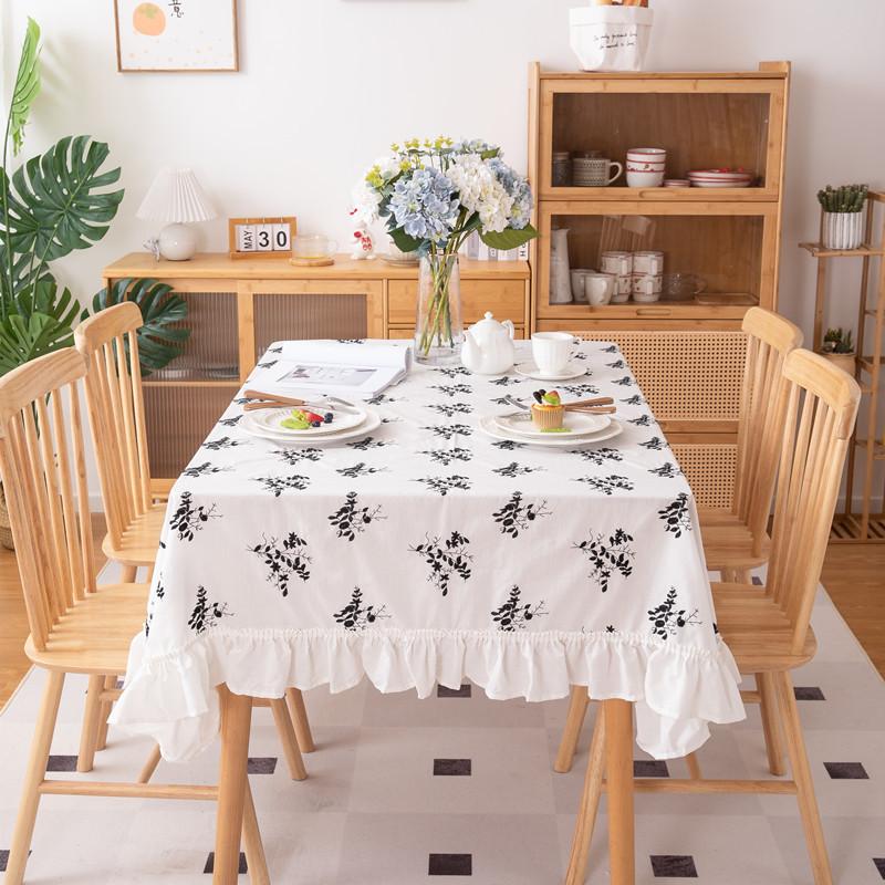 Small Fresh Cotton Black And White Embroidery Flower Ruffle Edge Wrinkle Beautify Fungus Edge Coffee Table Tablecloth Dining Table Cloth