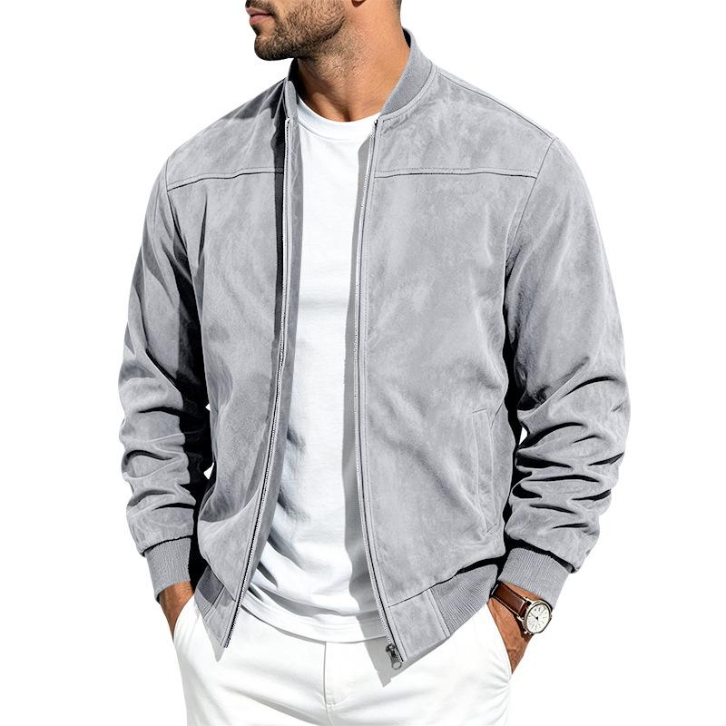 Men Faux Suede Bomber Jacket Zip‑Up Baseball Collar Casual Long Sleeve Outerwear Lightweight Fall Pilot Coat