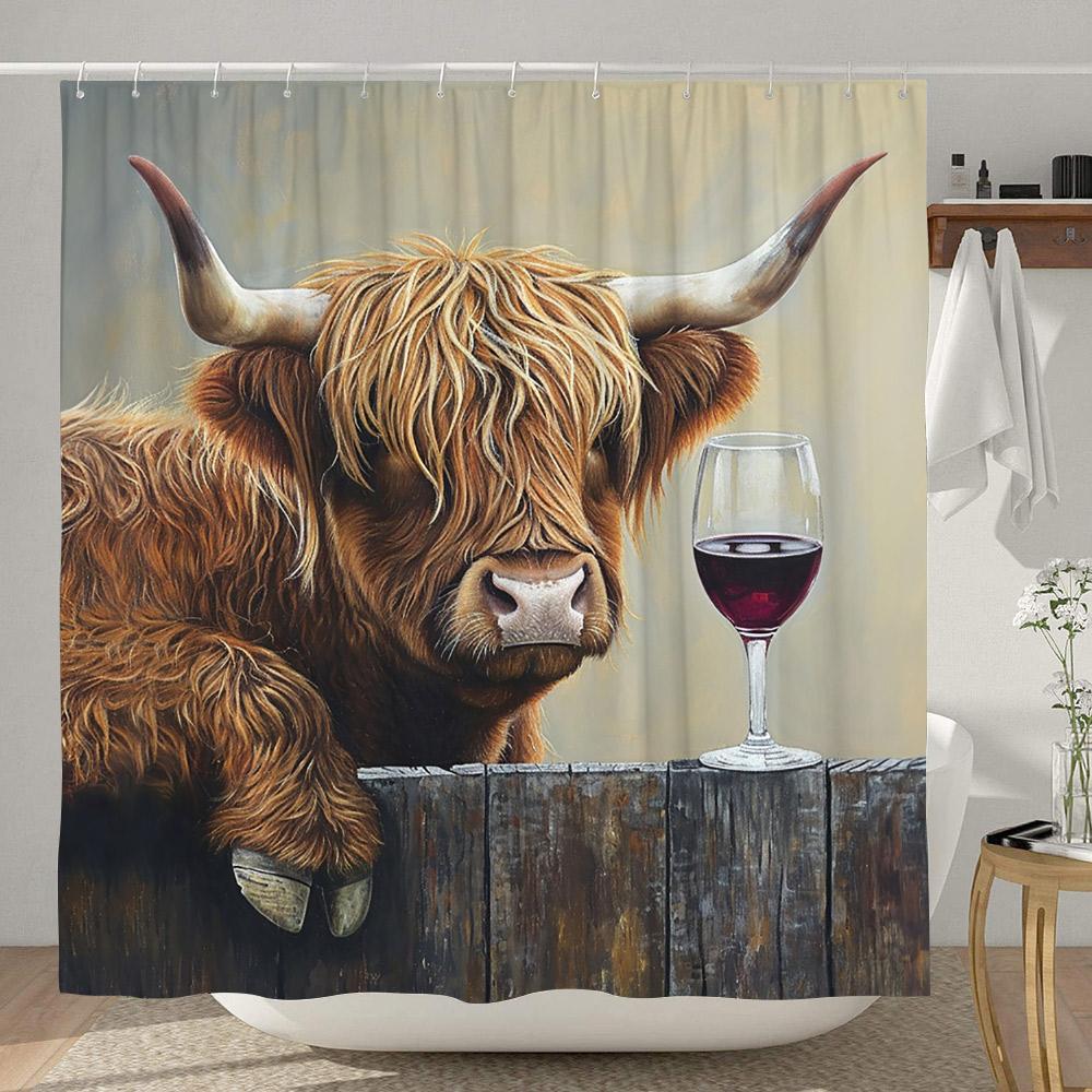 Morsomt dusjforheng med høylandsfe Rustikk landlig ku Tegneserie Dyre Dusjforheng Polyesterstoff Hjem Baderomsdekor