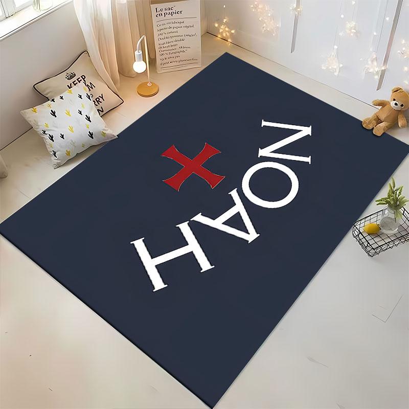 Noah NOAH Lettering Red Cross on Navy Accent Carpet, Navy Red Cross Serif Style Design, Home Decor, Cozy Floor Decor, All Seasons Gift