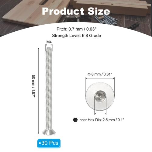 PATIKIL Hex Socket Cap Screws, M4 X 50mm Flat Head Socket Cap Bolts, Pack of 30, 304 Stainless Steel 18-8, Machine Bolts, Flat Countersink Bolts, Hex