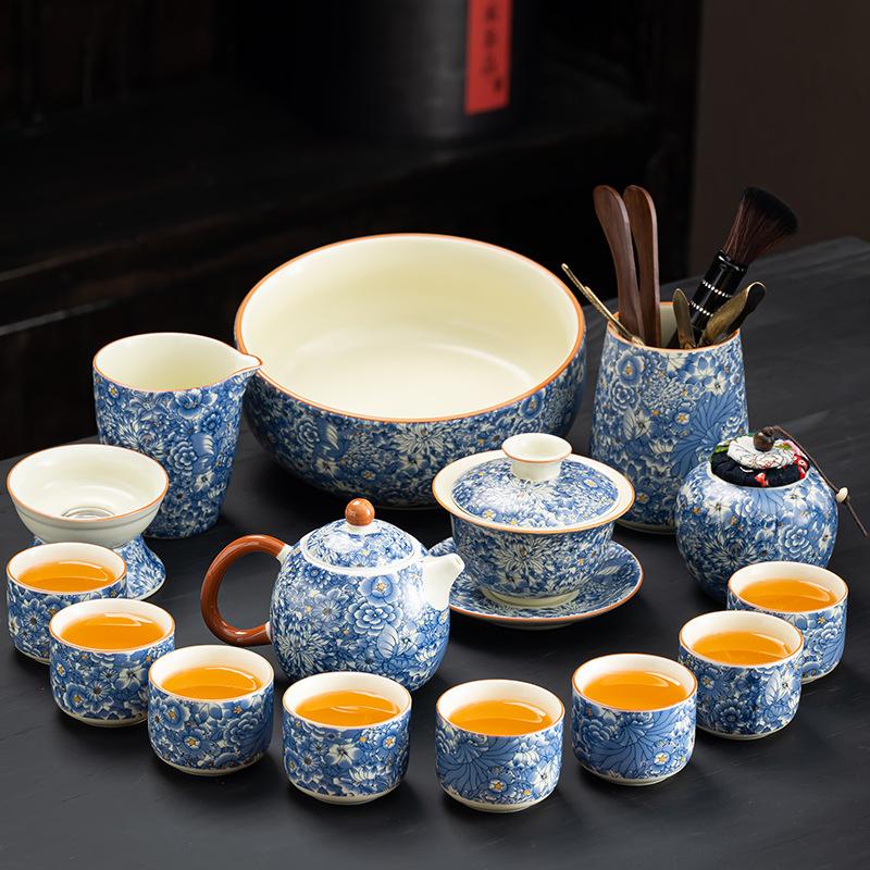 Flower tea set High-end set Household Ru kiln Kung Fu complete set of tea set Cover bowl Living room Tea business