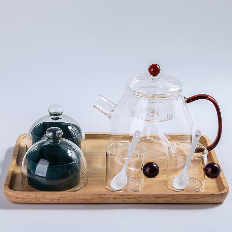 Qianxing Ceramic Teapot & Dessert Set with Glass Lid and Oak Tray