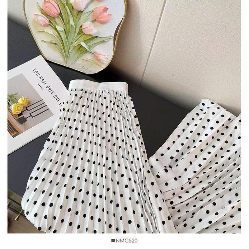 2025 Plus Size Korean Polka Dot High-Waist Casual A-line Long Skirt