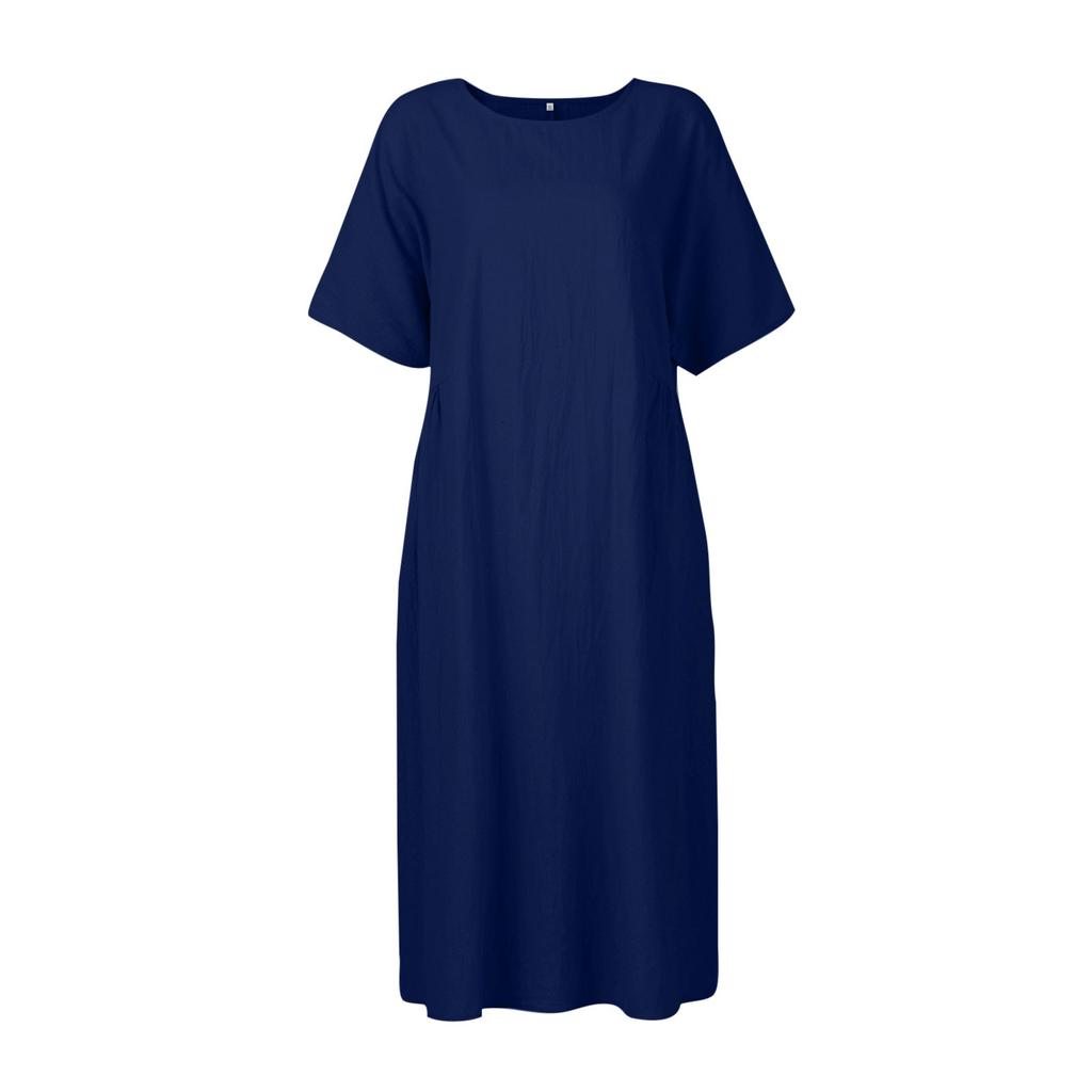 Damen-Sommerkleid, groß, locker, einfarbig, Baumwolle, Leinen, Rundhalsausschnitt, kurze Ärmel, Tasche, mittellanges Kleid