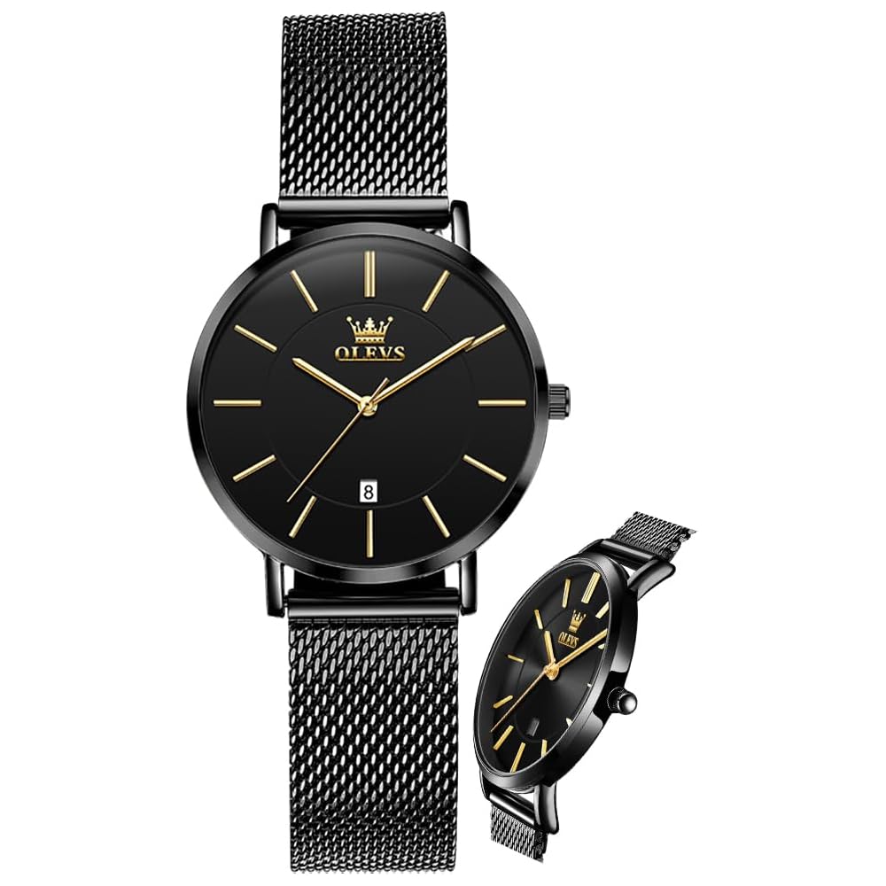 OLEVS Women s Minimalist Casual Watch Leather Band Waterproof Analog Quartz with Date Calendar Black Mesh Strap