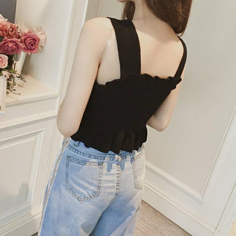 

Новый сладкий дизайн Fungus Edge Ice Silk Knit Slimmed Short Wear Wide Camisole Top женский летний топ без рукавов One size