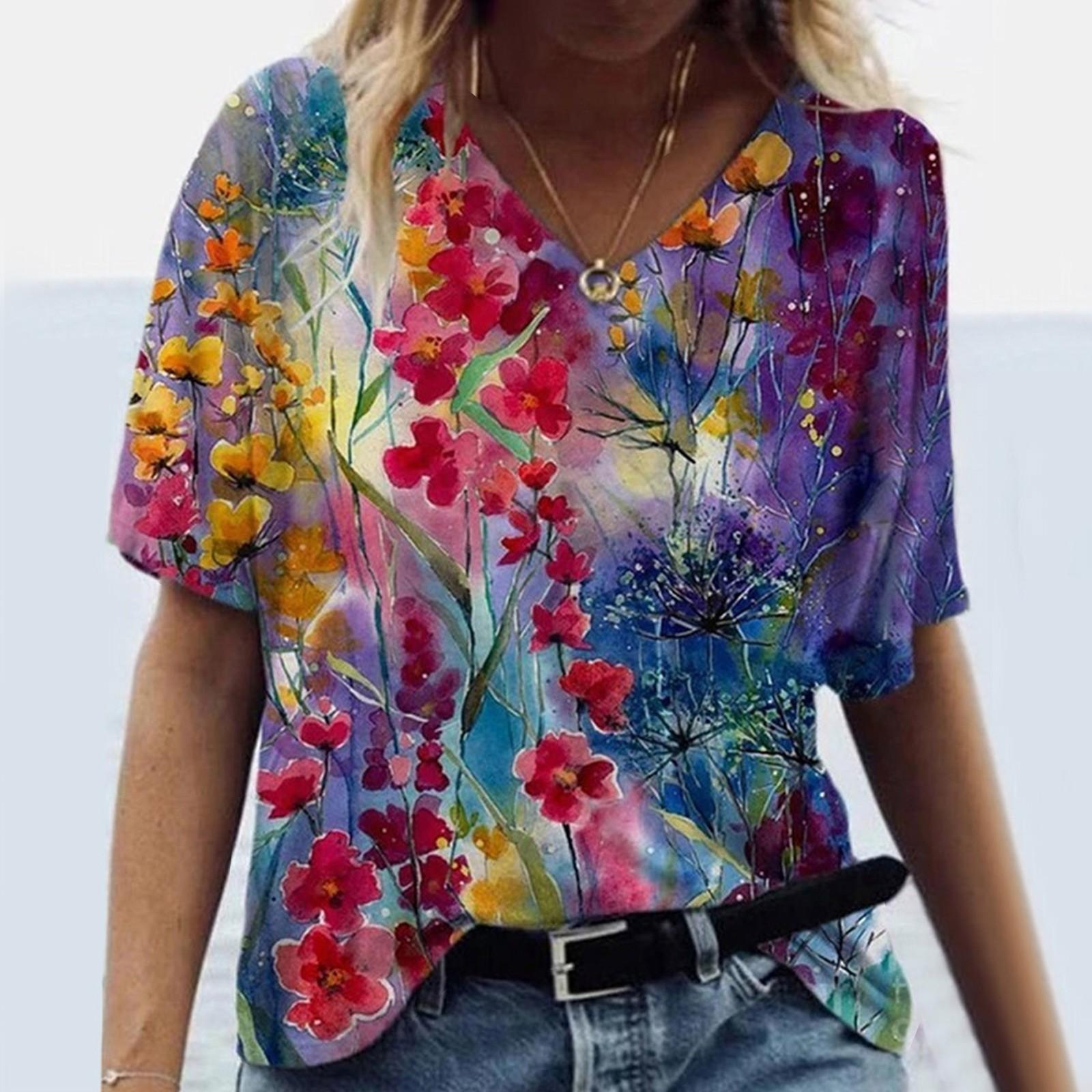 

Женская летняя повседневная футболка с v-образным вырезом и коротким рукавом, винтажный топ с принтом XXXL красный