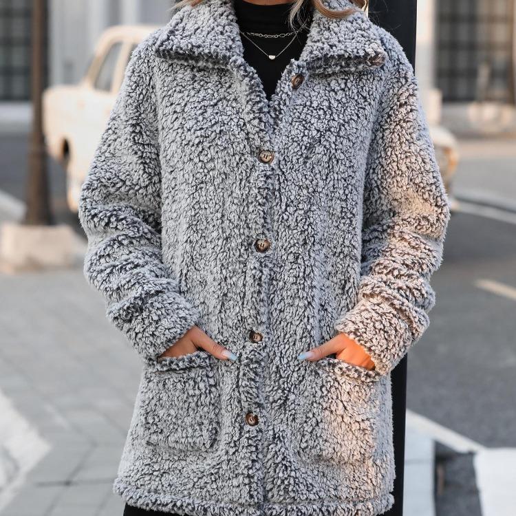 

Женская куртка из искусственного меха шерпа флиса, теплая зимняя куртка с лацканами, на пуговицах, с длинными рукавами, пушистая, плюшевая, верхняя одежда с карманами XXL чёрный