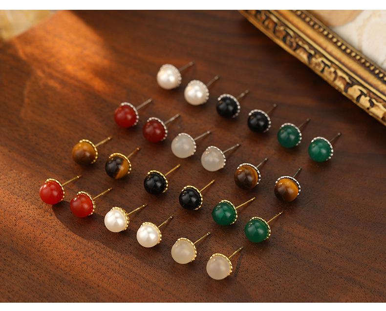 Banyan Tree S925 Silver Chinese Agate Earrings – Retro, Elegant, and Simple Design for Women