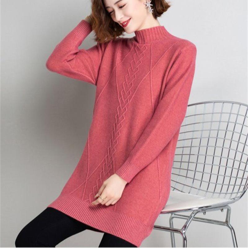 Mid-length Knitwear Women's Half High Neck Sweater Pullover Autumn Winter Warm Solid Knitted Sweater Jumper Female Tops Bottoming Shirt