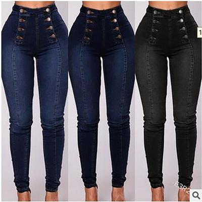 Högmidjade vardagliga denimbyxor för kvinnor, elastiska, med flera spännen, trendiga dubbelradiga jeans, långa byxor, bekväma stretchiga damer