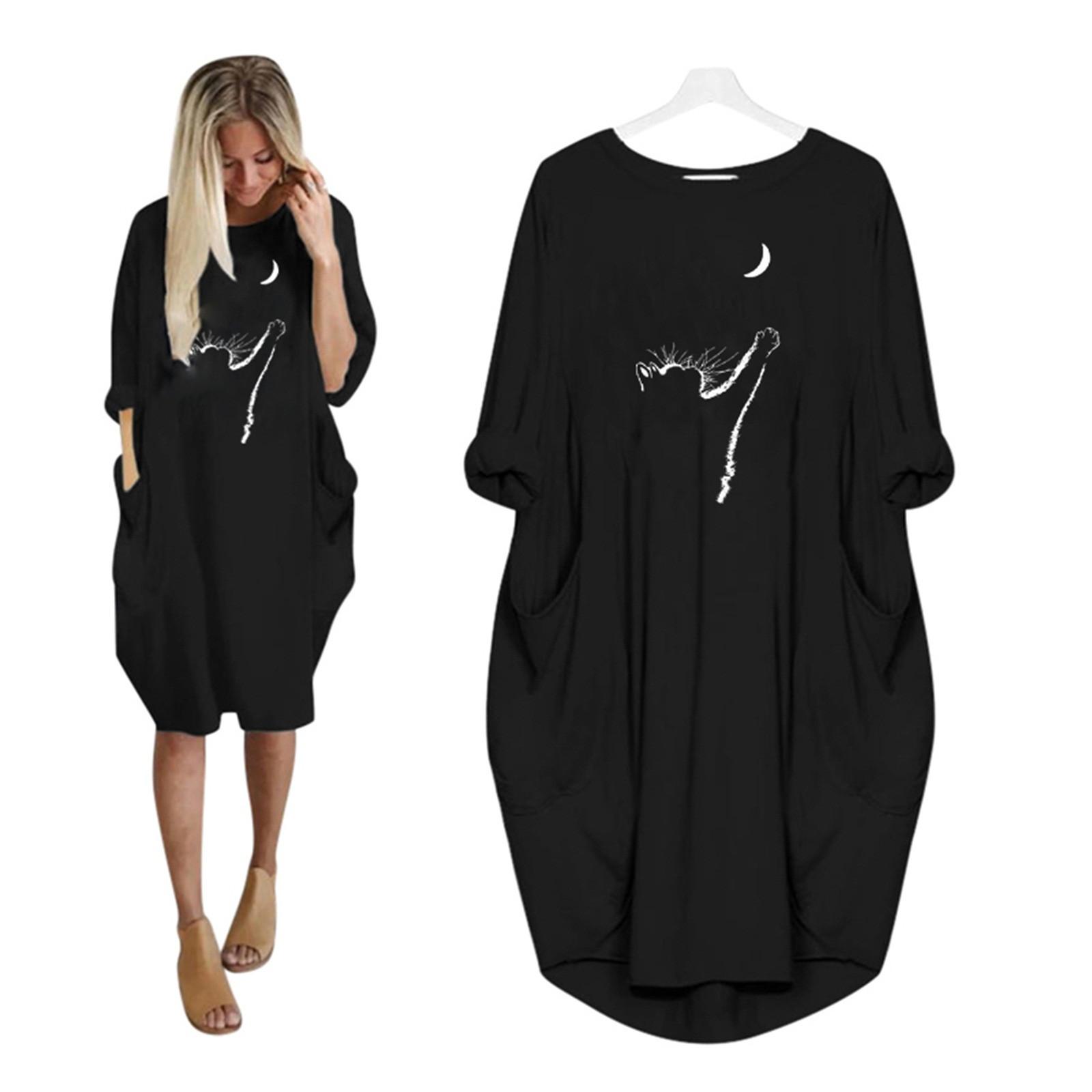 

Women s Printed Long Sleeve Pockets Casual Wild Dress Loose Dresses XL чорний