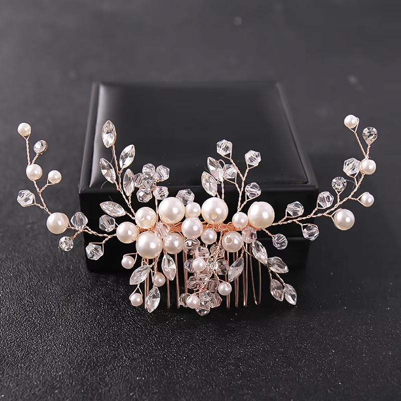 

Trendy Gold Pearl Crystal Tiara Wedding Hair Combs Hair Accessories for Bridal Headpiece Women Wedding Hair Jewelry Accessories