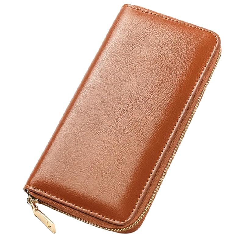 

soft leather long wallet cordovan leather look round zipper unisex large capacity cowhide Shiny wallet coin purse simple design (Roshenna)