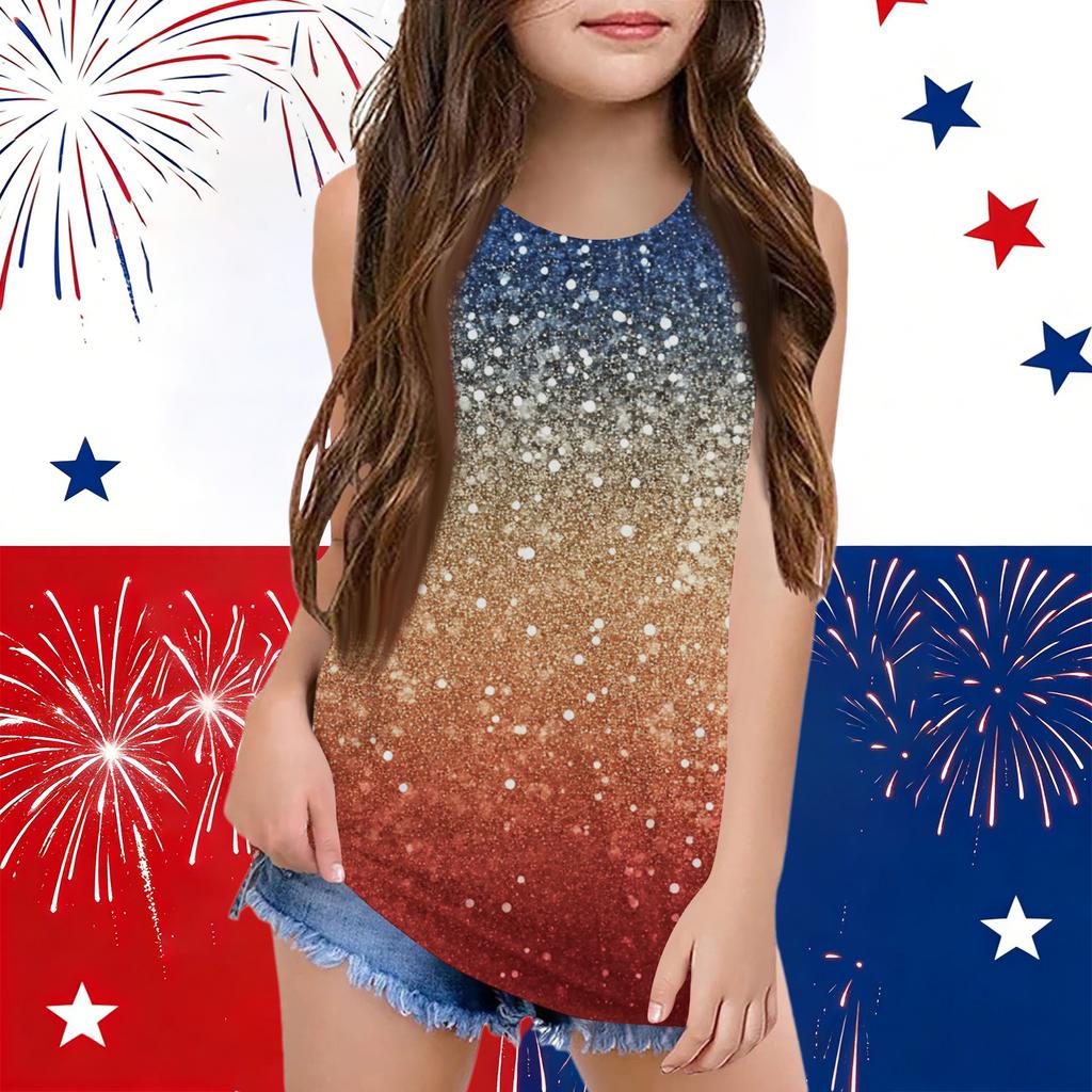 Girls  Kids Summer Crewneck Sleeveless Shirts Tank Tops Independence Day