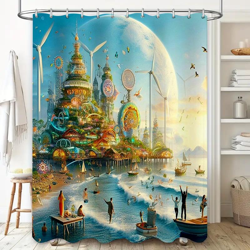 Whimsical Fantasy Shower Curtain Futuristic Castle Beach Scene Decor for Bathroom Printed Waterproof Fabric Various Sizes Avai