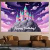 2D Magical Castle Backdrop, Princess Castle with Planets, Stars and "Happy Birthday" Text Background Cloth