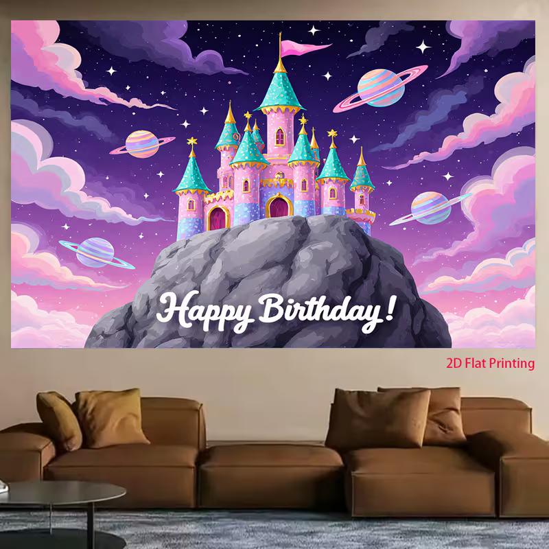 2D Magical Castle Backdrop, Princess Castle with Planets, Stars and "Happy Birthday" Text Background Cloth