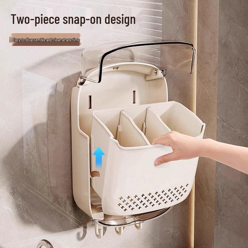 Wall-Mounted Chopstick & Spoon Holder: Punch-Free, Dustproof, Draining Storage Cage for Kitchen.