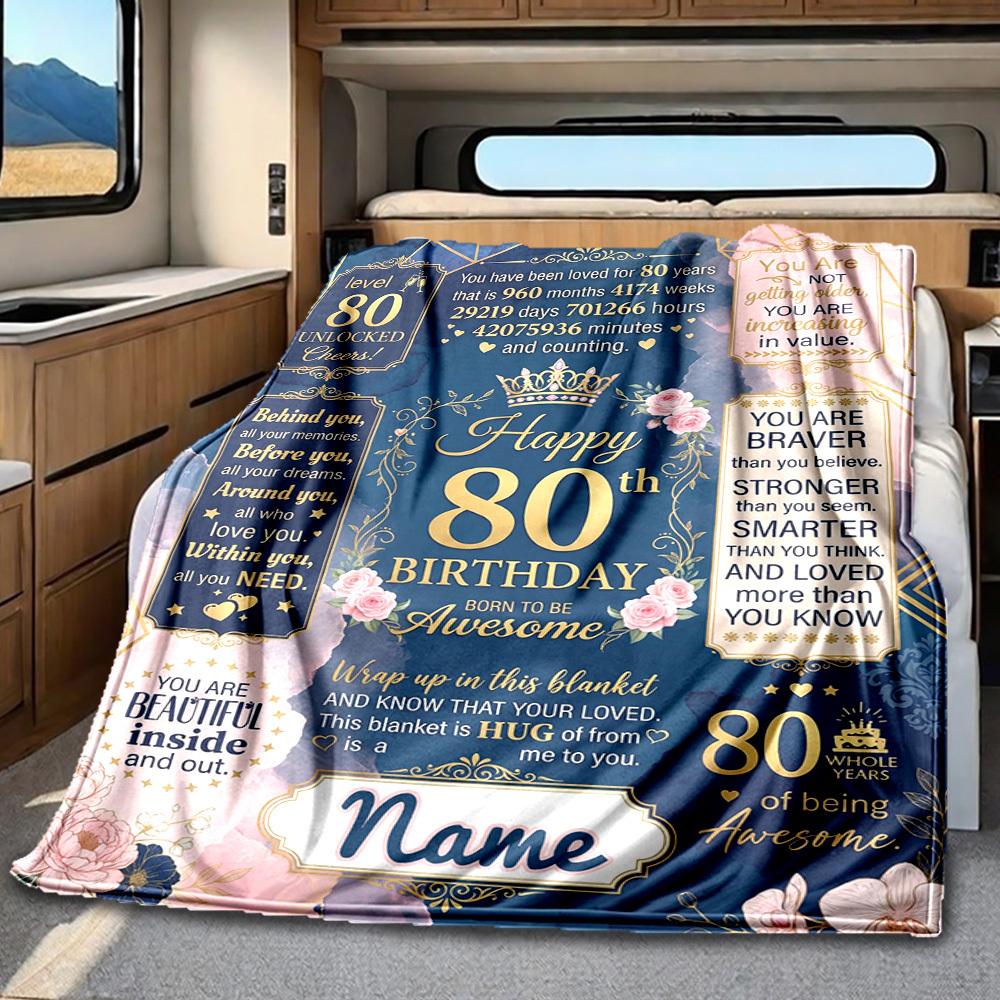 80Th Birthday Celebration Blanket Personalized Name Soft Comfortable Stylish Blanket Car Blanket Perfect For Travel Camping Outdoor Home Suitable For