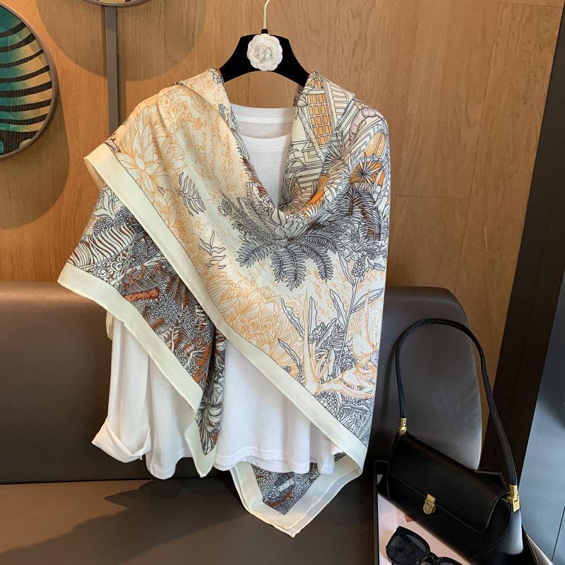 Light Luxury Silk Scarf Women's High-end Jungle 111CM Large Square Scarf Decorative Scarf Spring and Summer Air-conditioned Room Shawl Scarf Square Sc