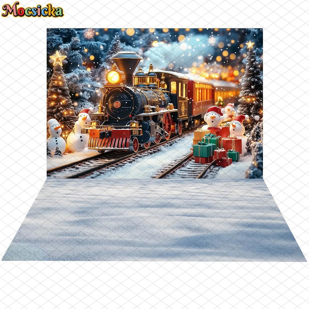 Mocsicka Christmas Train Backgrounds Photography Winter Snowman Xmas Tree Decorations Child Adult Photo Backdrop Festival Banner