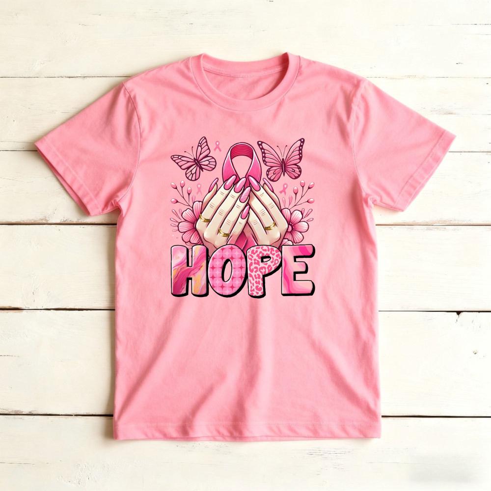 Hope Floral Nails Butterfly Pink Ribbon Graphicunisex Summer Cotton T Shirt Positive Breast Cancer Short Sleeve Basic Tee