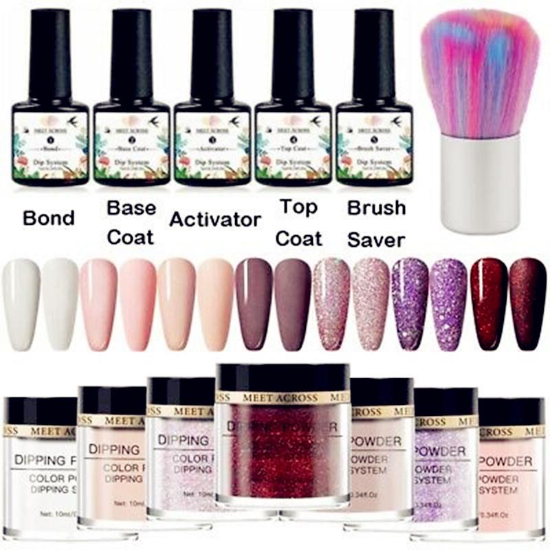 MEET ACROSS 5g/10g Dipping Nail Powder Set Nude Pink Dipping Glitter Powder System Kits Dust Nail Art DIY Decoration Natural Dry