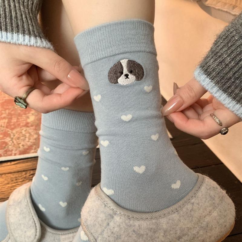 Little Dog Embroidery Gray-blue Series Socks, Women's Mid-calf Socks, Versatile Cotton Socks, Boneless Cartoon Cute Pile Socks