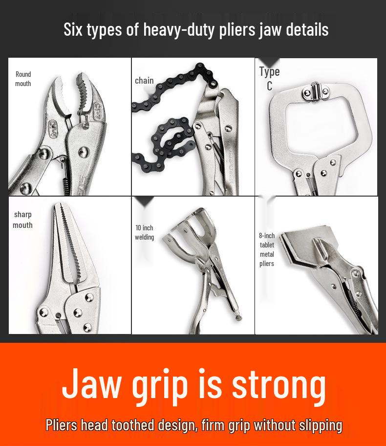 Multi-Function C-Type Folding Vise Grip Pliers with Flat, Round, and Needle-Nose Jaws, Automatic Fastening Clamp.