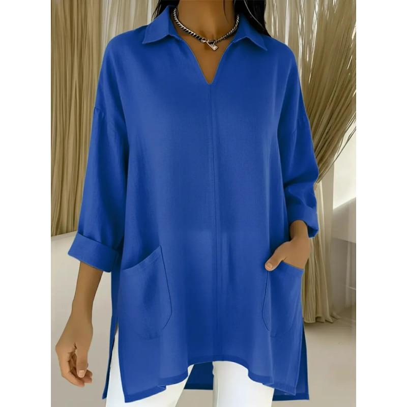 New Spring Women's Solid Color Simple and Versatile Loose Side Slit Mid-length Shirt